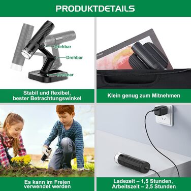 Цифровий мікроскоп WADEO USB HD з 50x-1600x збільшенням, портативна інспекційна камера, кабельне ручне збільшення з 8 LED та стійкою, сумісний з iOS, Android та планшетами (1080P)