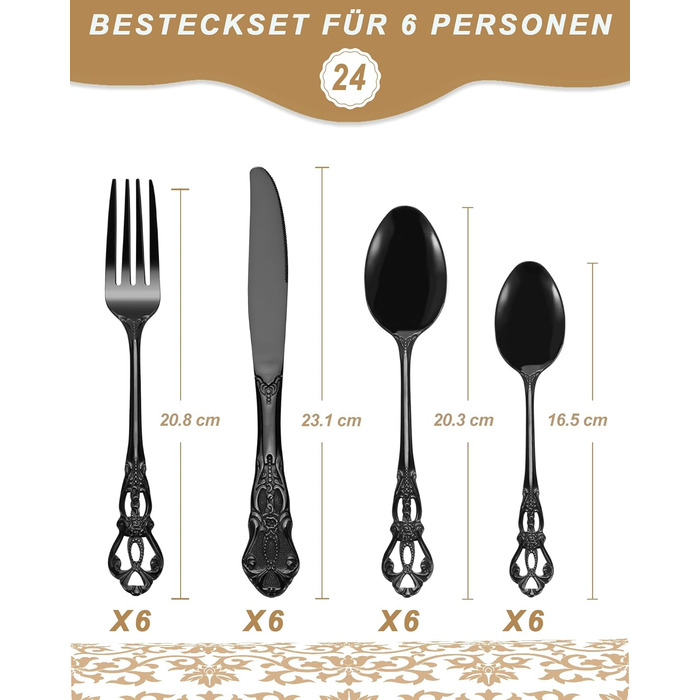 Набір столових приборів Retro на 6 осіб, 24 предмети, нержавіюча сталь, чорний, антикварний бароковий стиль