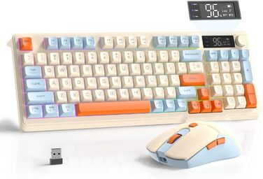 Бездротова клавіатура та миша FREEWOLF T96 з Bluetooth/2.4G, PBT-клавіші, дисплеєм, тихими клавішами, Anti-Ghosting, QWERTY (Heidelbeere)