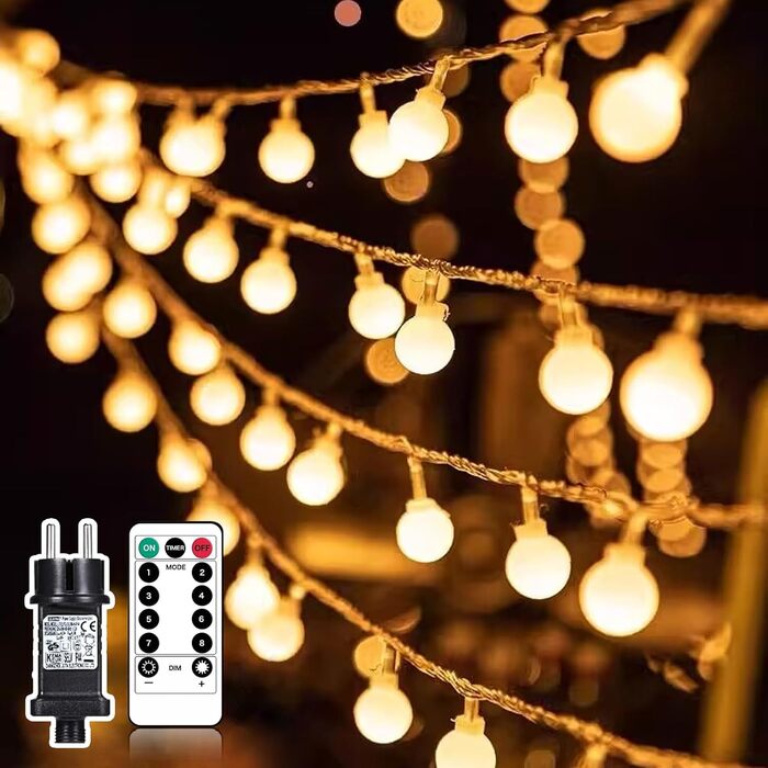 Ланцюжок прикрас з 200 LED кулями, 23 метри, тепле світло. Ідеально для декору на Різдво, весілля, вечірки. 8 режимів, функція пам'яті, з вилкою.