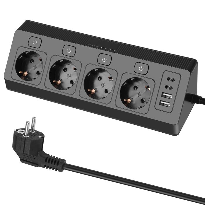 Багатофункціональна мережева розетка на кут 4-портова з USB та Type-C, захист від перенапруги, 2м кабель, для дому, білого/чорного кольору