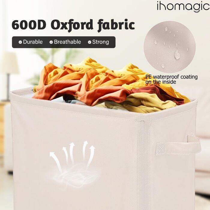 IHOMAGIC кошик для білизни 40 л з колесами, складаний, прямокутний, бежевий, для ванної та спальні