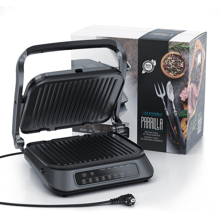 Arendo Electric Grill - Contact Grill, Tabletop Grill & Sandwich Maker with Digital Control - 1900W, 7 Programs, Removable Plates, Stainless Steel
