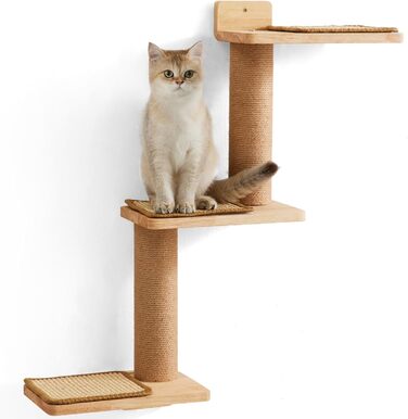 Cat Climbing Wall, Cat Shelves made of Solid Rubberwood and Jute, 3-in-1 Transformable Cat Scratching Post Wall Mounted, DIY Cat Wall/Platform, Suitable for Cats to Climb, Play, and Scratch