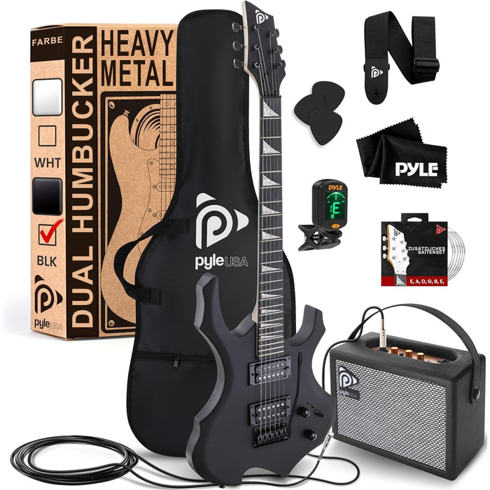 Електрогітара Pyle E – Комплект для гітари з підсилювачем, чохлом, струнами, ременем, тюнером та кабелем, для важкого металу та подорожей, чорна