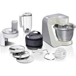 Кухонний комбайн Bosch Serie 4 MUM58L20, 1000 Вт, чаша 3,9 л, міксер 1,25 л, планетарне змішування, насадки з нержавіючої сталі, шинкувальна насадка, 3 диски, сірий/сріблястий