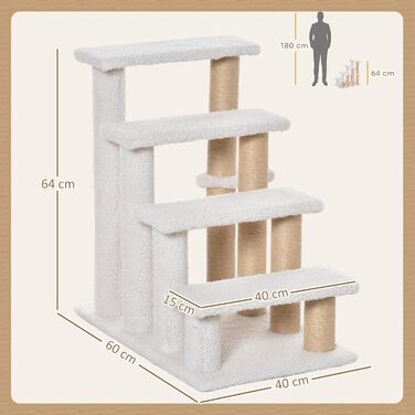PawHut 3-Step Pet Stairs with Scratching Pillars, Ball, Dog Stairs, Pet Stairs for Cats up to 5 kg, Plush Jute, White, 45 x 40 x 48 cm (60L x 40W x 64H cm, White)