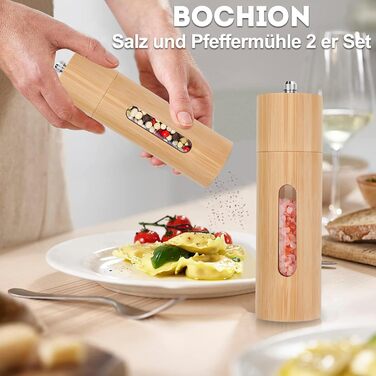 BOCHION Salt and Pepper Grinder Set of 2, Spice Grinder with Transparent Window and Coaster, Large Wooden Salt and Pepper Grinder with Manually Adjustable Ceramic Grinding Core, for BBQ, Restaurant, Kitchen, 18 cm
