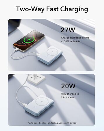 Power Bank ESR MagSafe 10000mAh з бездротовою зарядкою Qi2, 15W, USB-C, для iPhone та Google Pixel, білий