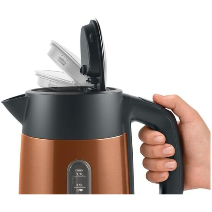 Електричний чайник Bosch DesignLine TWK4P439 з мідною обробкою: без розбризкування, індикатор рівня води, захист від перегріву, 1.7 л, 2400 Вт