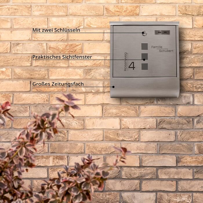 Поштовий ящик Grafner з нержавіючої сталі, персоналізований, з газетницею та 2 ключами. Гравіювання імені, вулиці та номера будинку. Комплект для монтажу входить.