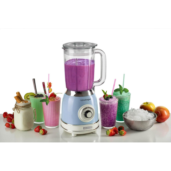 Vintage Ariete 583 Glass Mixer, Retro Multi-Function Mixer with 4 Blades, 4 Speeds + Pulse Function, Ice-Crusher Function, 1.5 Liter Capacity, 1000W, Light Blue Blue Single