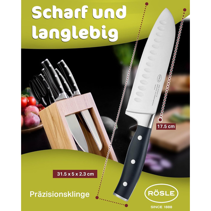 Кухонний ніж RÖSLE Santoku 17,5 см з куленшліфом, ергономічна ручка, для м'яса, риби та овочів, японська форма леза, преміум якість