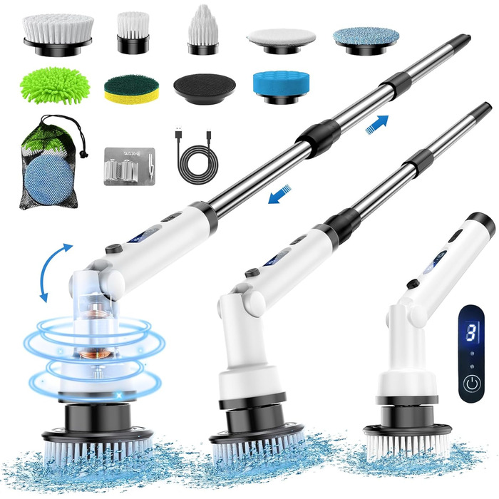 ETENTOUS Electric Cleaning Brush with 8 Replacement Brush Heads, Electric Spin Scrubber with 3 Modes, Power Scrubber with 37-140cm Adjustable Handle for Bathroom, Kitchen, Car, and Floor