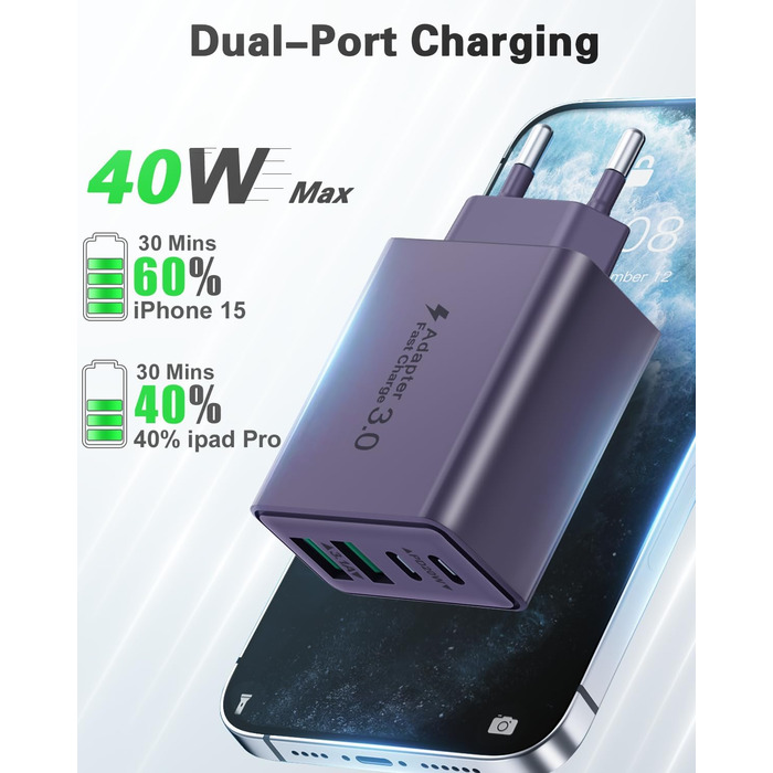 Мережевий адаптер USB C 40W з 4 портами, швидка зарядка, універсальний зарядний пристрій для iPhone, iPad, Samsung та інших телефонів (білий/фіолетовий)