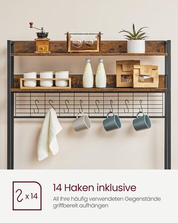 Стелаж кухонний VASAGLE з розетками, для мікрохвильової печі, з решіткою, 14 гачків, антрацит-чорний (40 x 100 x 170 см, Вінтаж-коричневий + Чорний)