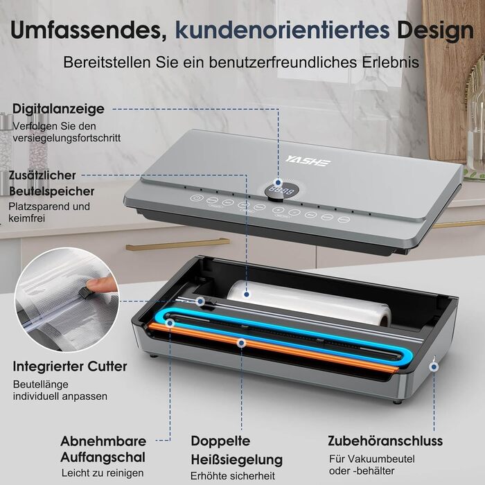 Вакуумний пакувальник YASHE 80KPA з магнітною кришкою, 10-в-1, подвійна зварювальна лінія та подвійна поршнева помпа, зберігання рулонів, для зберігання продуктів