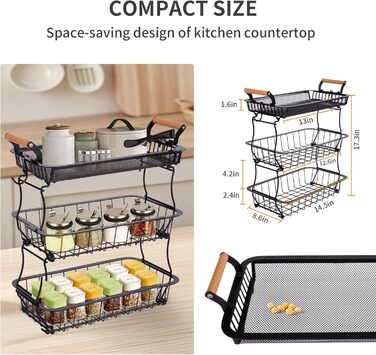 Металевий фруктовий кошик на 3 яруси з підставкою для бананів - чорний | Для кухні, обідньої зони, комори