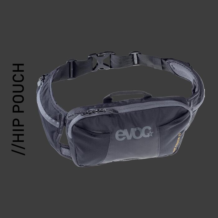 Поясна сумка EVOC HIP Pouch 1 л чорна для велосипедистів, з системою AIR PAD, двома кишенями на поясі і додатковими відділеннями, для велотурів та трейлів