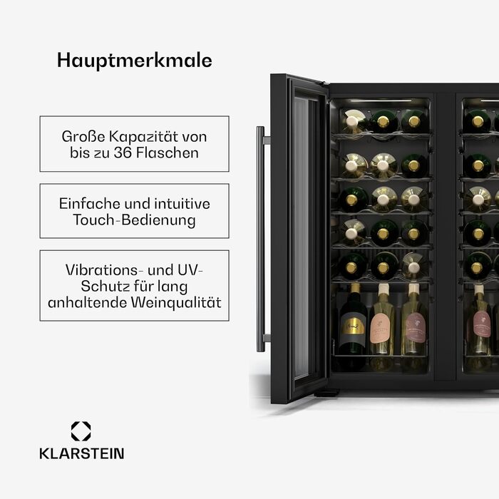 Klarstein Wine Fridge - 16 Bottle Dual Zone Wine Cooler with Glass Door - Compact Indoor/Outdoor Beverage Refrigerator - 5-18°C Temperature Range