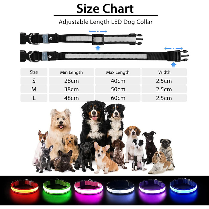 LED нашийник для собак, перезаряжається, вологостійкий, 7 кольорів, регульований, для малих та великих собак, 8 режимів, чорний, M (38-50 см)