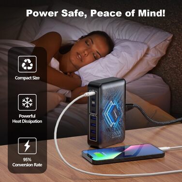 Зарядний пристрій USB-C 200W, 8 портів GaN, швидка зарядка PD 65W для ноутбука MacBook/Dell/Steam Deck, iPhone 17/16/15/14, Galaxy S24/S23 (чорний)