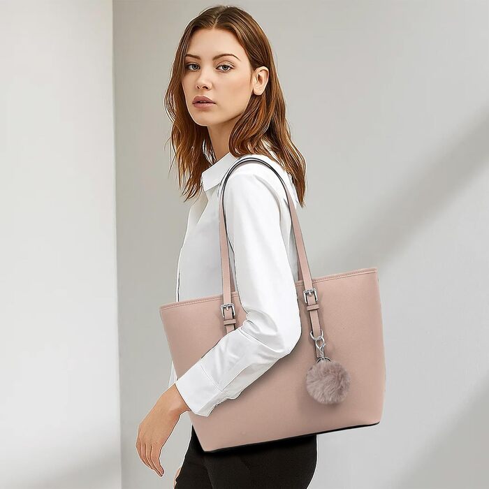 Сумка жіноча TANTOMI з гаманцем, велика, для офісу, школи, шопінгу, рожева з китицею та помпоном з штучного хутра