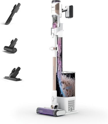 Shark акумуляторний пилосос Clean & Empty з авто-збірником пилу, до 40 хв роботи, бездротовий, самостійно очищається, для шерсті тварин, килимів та твердих поверхонь, з LED-підсвічуванням, тихий, білий/блакитний, BU3521EU