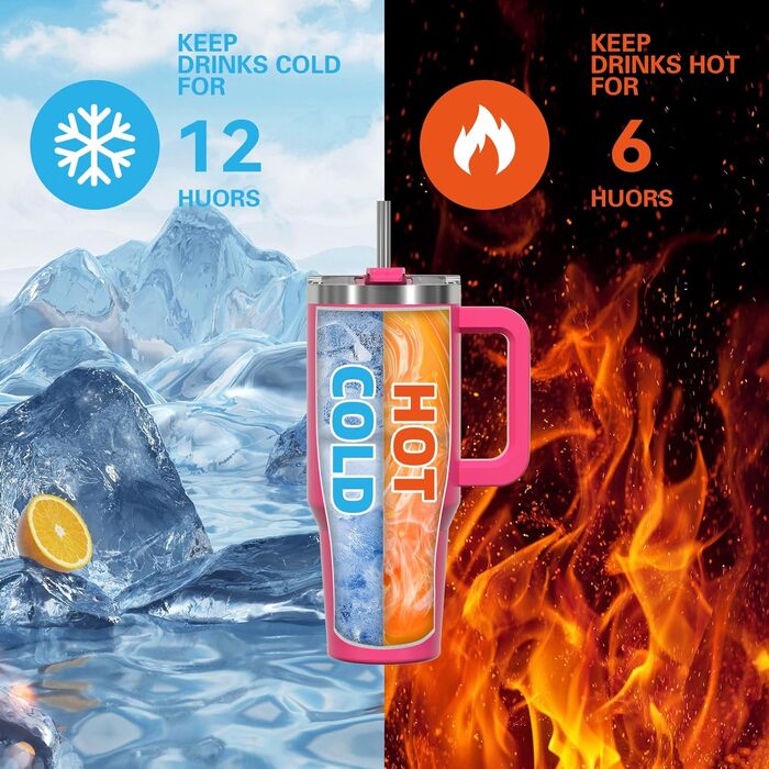 Термокружка WATERSY 40oz (591 мл) з нержавіючої сталі, подвійні стінки, з ручкою та трубочкою, для гарячих та холодних напоїв, рожевого кольору