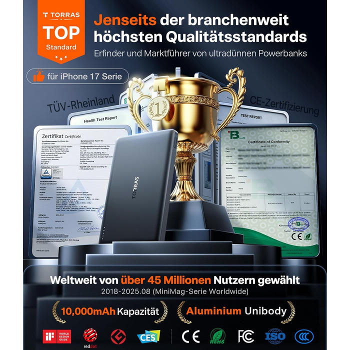 Портативний зарядний пристрій TORRAS MiniMag 10000mAh з MagSafe для iPhone 17 Pro Max, AirPods, iPhone Air 12-16, швидка зарядка, бездротовий, USB-C, сірий титан, 10000 mAh