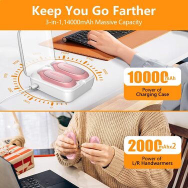 Електричні грілки для рук 2 шт. 4000mAh з зарядним кейсом 10000mAh, 3 режими нагріву, USB-C, для катання на лижах, кемпінгу, подарунок, рожевий