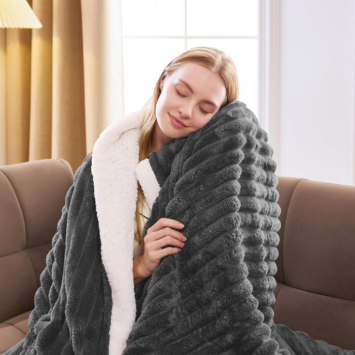Плед WAVVE Sherpa з штучного хутра, сірий - теплий, м'який, великий (150x200 см)