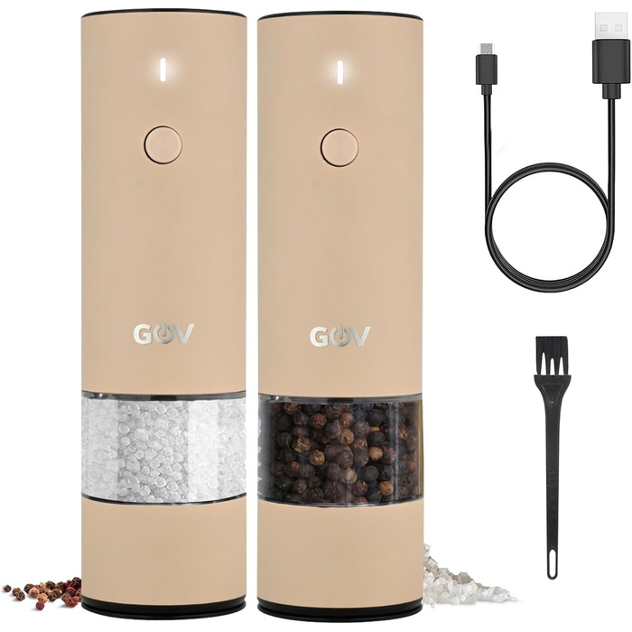 Electric Pepper and Salt Mill Set - 45 ml Beige Edition - USB-C Rechargeable - 6 Adjustable Grind Sizes - Stylish Beige Stainless Steel Design with LED Lamp