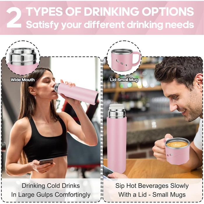 Термокружка-термос з нержавіючої сталі 550 мл, без витоку, з чашкою та ручкою, вакуумна термоізоляція 12 год гаряча / 12 год холодна, неслизька, для кави, спорту, роботи, школи, автомобіля (Рожева)