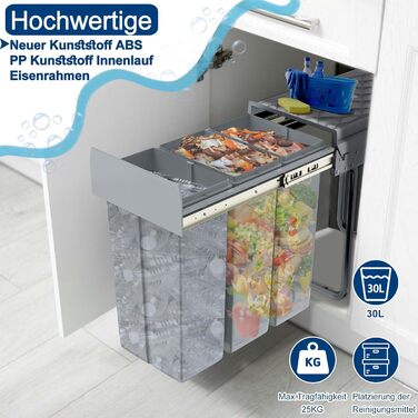 Вбудований контейнер для сміття HENGMEI для кухні, висувний, 3 секції по 10л, сірий