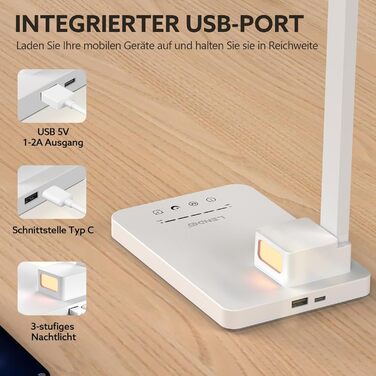 LED лампа настільна LENDOO з двома головками, регульована яскравість 700 люмен, 5 рівнів регулювання, 5 кольорових режимів, USB-порт для зарядки та вбудований акумулятор 2000mAh, для дітей, спальні, читання (білий - квадратна)