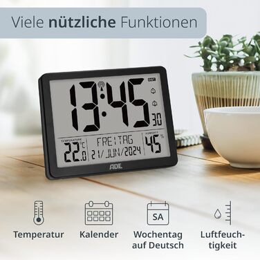 Digital XL Radio Clock with Very Large Numbers | Alarm Clock with 2 Alarm Times and Backlight | Thermometer Hygrometer | Slim Frame Made of Real Wood (Black)