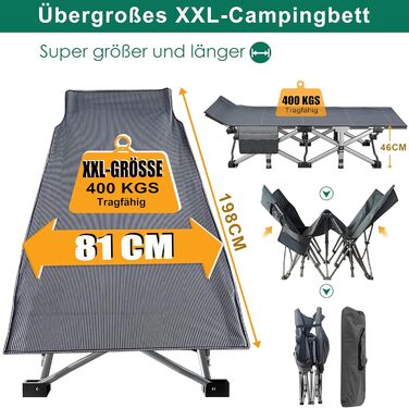 Розкладне ліжко для кемпінгу DRMOIS: велике (XXL), 81 см, вантажопідйомність 400 кг, з ізольованим килимком, сіре