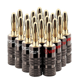 Позолочені бананові роз'єми FosPower для акустичних кабелів, сабвуфера та стінових панелей, 24K золото, High-End (10 пар / 20 шт), червоні та білі