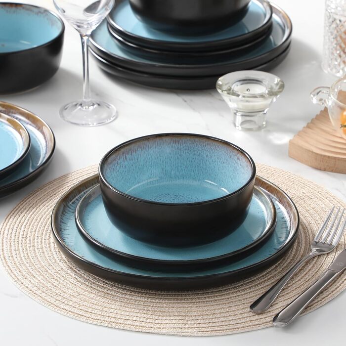 Набір мисок Vancasso (36 шт.) для сім'ї: 6 мисок з кераміки (840 мл), салати, супи, десерти. Безпечно в мікрохвильовці та посудомийній машині (Морська блакить)