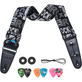 Гітарний ремінь LEKATO, смугастий, 6.7 см, з шкіряними кінцями та кишенькою для медіатора - з 6 медіаторами/фіксаторами ремінця - для бас-гітари, електрогітари та акустичної гітари