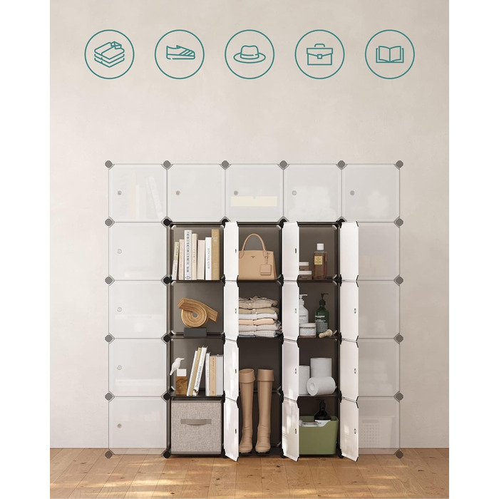 SONGMICS Regal System, Shoe Rack, Set of 16 Cubes, Plastic Wardrobe, with Doors, Plug-in Shelf, Storage for Clothes, Shoes and Books, Easy Assembly, Grey LPC443G01