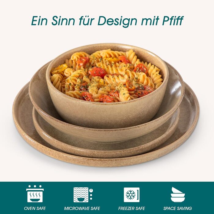 Набір посуду Steingut vancasso ANYA (48 предметів) - 48-місний сервіз з тарілок, десертних тарілок та мисок, карамелевого кольору, сумісний з мийкою та мікрохвильовою піччю