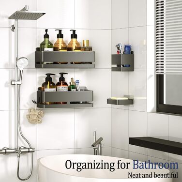 Набір полиць для ванної кімнати (5 шт.) з мильничкою та тримачем для зубних щіток, без свердління, сірий