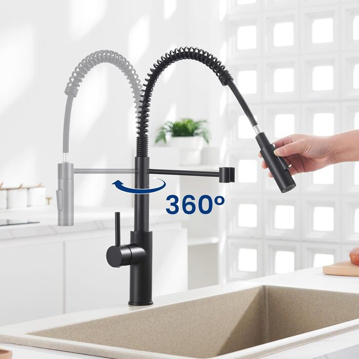 Змішувач кухонний CECIPA з витяжною лійкою, чорний, нержавіюча сталь, 360° обертання, 2 режими струменя