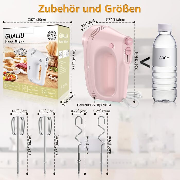 Електричний ручний міксер з нержавіючої сталі, вінчики та гаки для тіста, 5 швидкостей, Turbo Boost, для випічки, тортів, яєць та збивання (РОЖЕВИЙ)