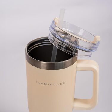 Термокружка з трубочкою Flamingueo - термос, сталева термокружка з ручкою, 1.18L, блакитний (бежевий), зберігає холод 24г, гаряче - 10г
