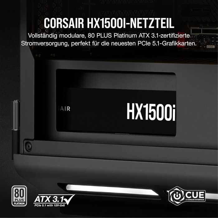 Блок живлення Corsair HX1000i 1500W, повністю модульний, ATX 3.1 & PCIe 5.1, 80 Plus Platinum, iCUE, чорний