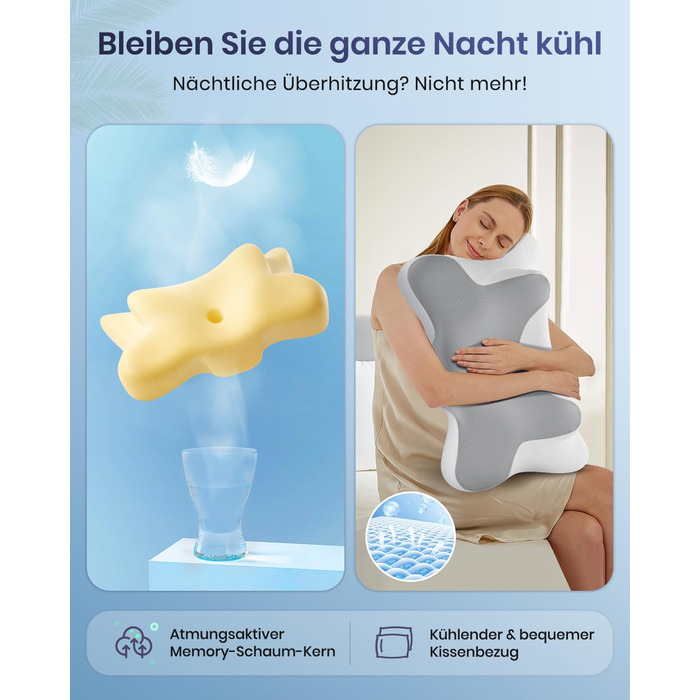 Подушка для шиї DONAMA з піни Memory Foam: ергономічна, з підлокітниками, охолоджуюча, 6 зон підтримки, для сну в будь-якій позі (сіро-біла, 66x37x13 см)