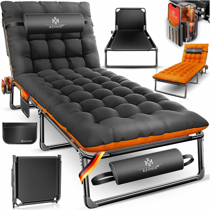 Ліжко похідне KESSER® складане з подушкою, чорно-помаранчеве 190x68x30 см, до 250 кг. З кишенею та підсклянником для кемпінгу, дому, відпочинку